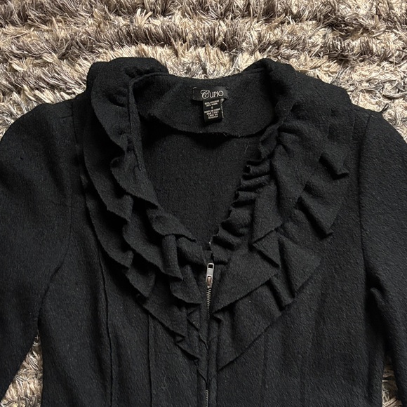 Cupio Elegant Black Ruffle Wool Coat - Picture 2 of 6